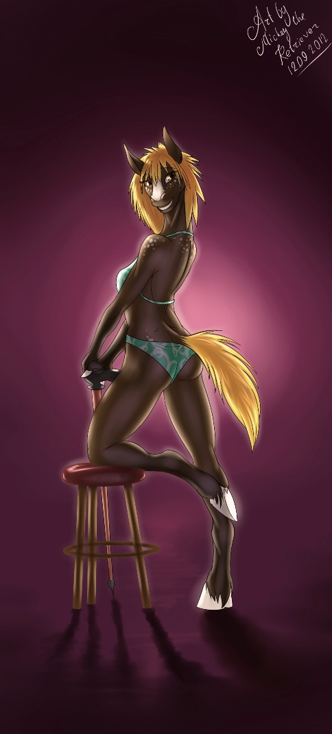 amber_eyes animal_ears anthro bikini blonde_hair blonde_tail breasts brown_body clothed clothing cushion equine facial_markings female fur green_bikini hair horse looking_at_viewer mammal mane markings mickey_the_retriever plain_background pose purple_background skimpy smile solo stool strawmerry swimsuit teeth tight_clothing walker white_hooves wood yellow_eyes