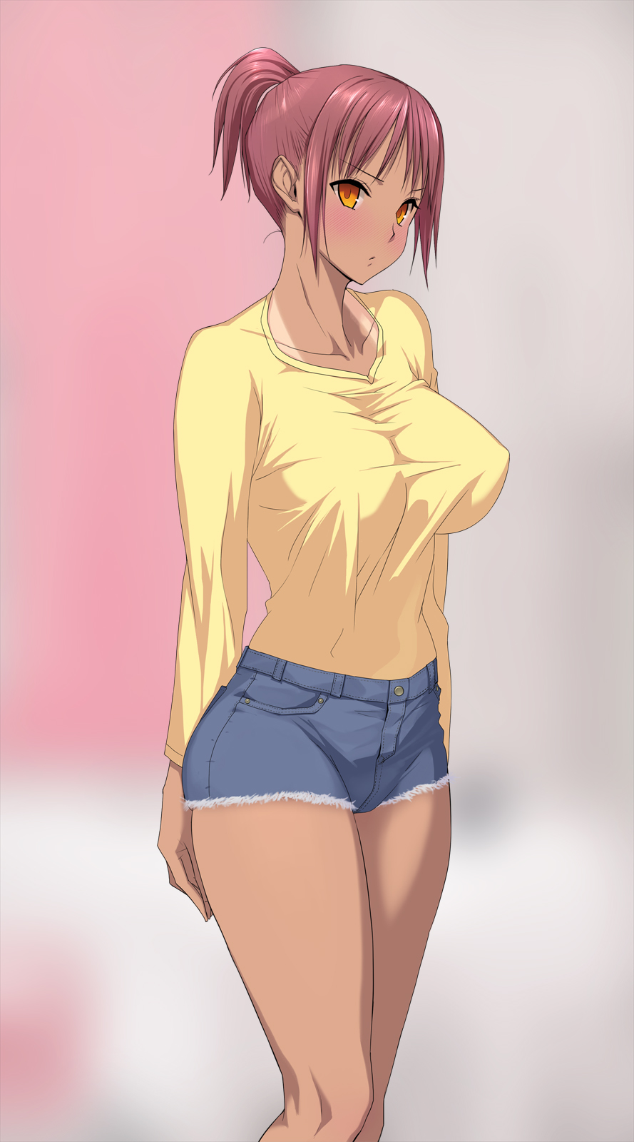 arms_behind_back blush breasts copyright_request cutoffs denim denim_shorts highres large_breasts one-piece_tan perky_breasts pink_doragon red_hair shirt short_hair short_shorts shorts solo standing tan tanline taut_clothes taut_shirt thighs yellow_eyes