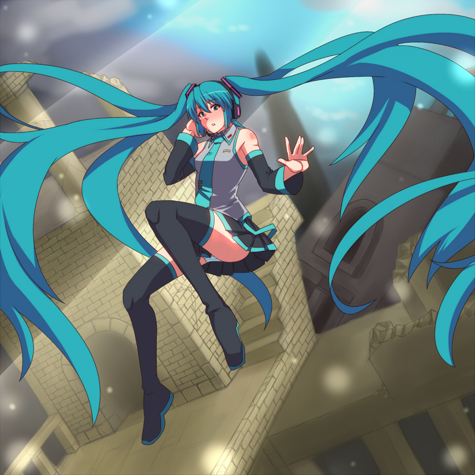 blue_eyes blue_hair blush detached_sleeves gazacy_(dai) hatsune_miku long_hair necktie open_mouth panties solo striped striped_panties thighhighs twintails underwear very_long_hair vocaloid wide_sleeves