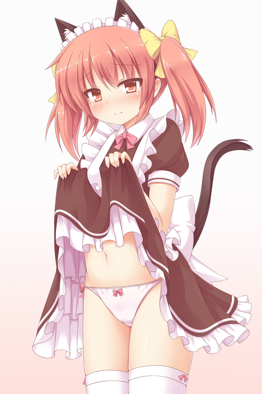 animal_ears blush bow cat_ears cat_tail dress dress_lift hair_ribbon highres holding long_hair maid maid_headdress original panties red_eyes red_hair ribbon simple_background solo tail thighhighs twintails underwear white_background white_legwear white_panties yuu_(yu0221f)