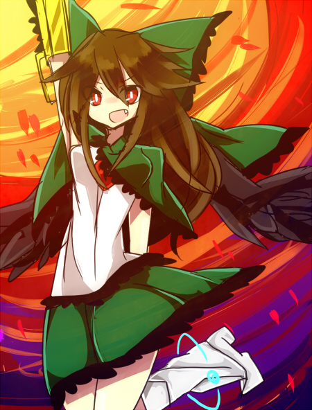 adapted_costume arm_cannon bad_id bad_pixiv_id black_wings bow brown_hair capelet fang hair_bow kiilowolf long_hair open_mouth red_eyes reiuji_utsuho solo touhou weapon wings