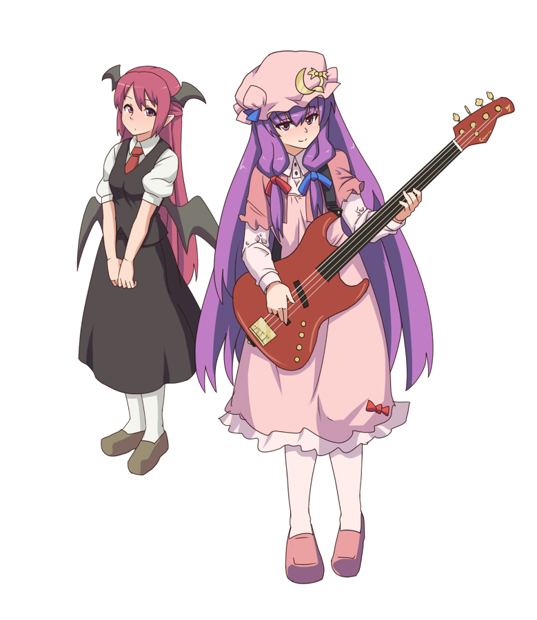 bass_guitar bat_wings blush capelet coconut_tree crescent demon_wings electric_guitar gazacy_(dai) guitar head_wings instrument koakuma long_hair long_sleeves low_wings multiple_girls necktie palm_tree patchouli_knowledge pointy_ears puffy_sleeves purple_eyes red_eyes red_hair red_neckwear short_sleeves simple_background smile standing touhou tree very_long_hair white_background wings