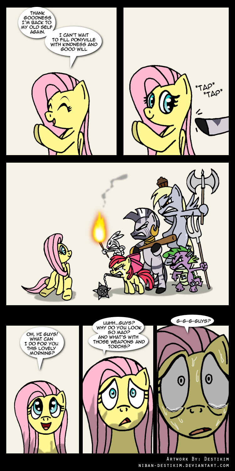 amber_eyes angel_(mlp) angry apple_bloom_(mlp) axe baseball_bat blue_eyes comic cub cutie_mark derpy_hooves_(mlp) dialog dialogue dragon ear_piercing english_text equine eyes_closed female feral fire fluttershy_(mlp) friendship_is_magic fur glass grey_feathers grey_fur hair horse lagomorph male mammal my_little_pony needle niban-destikim pegasus piercing plain_background pony purple_scales rabbit red_hair ribbons scalie smoke spike_(mlp) sweat tears text torch weapon white_fur wings wood yellow_fur young zebra zecora_(mlp)