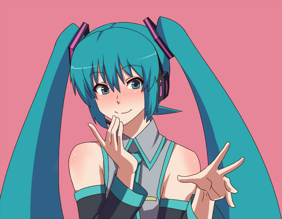 aqua_eyes aqua_hair closed_mouth detached_sleeves face gazacy_(dai) hatsune_miku long_hair necktie pink_background pink_hair smile solo twintails upper_body vocaloid