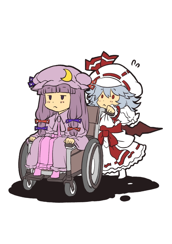:&lt; bow crescent curiosities_of_lotus_asia frills frown hat hat_bow jitome multiple_girls patchouli_knowledge purple_eyes purple_hair red_eyes remilia_scarlet silver_hair simple_background sitting skirt touhou wheelchair white_background wings yagimiwa
