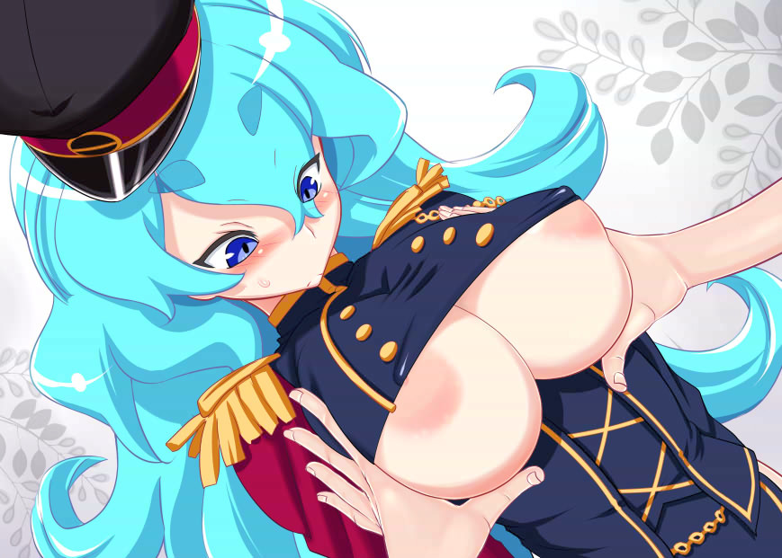 1girl areolae blue_eyes blue_hair breast_grab breasts cap grabbing hat huge_breasts imagawa_yoshimoto imagawa_yoshimoto_(sengoku_collection) kinbou_sokai konmori_(kinbou_sokai) long_hair military military_cap military_hat military_uniform nipple_slip nipples no_bra sengoku_collection sengoku_otome underboob uniform