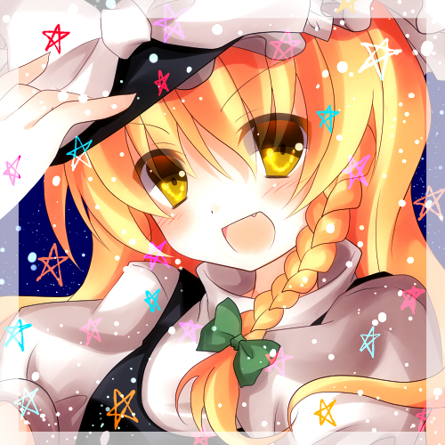 blonde_hair blush bow braid face fang hair_bow hat hat_bow kirisame_marisa long_hair lowres mogu_(au1127) open_mouth puffy_sleeves side_braid single_braid solo star touhou white_bow yellow_eyes