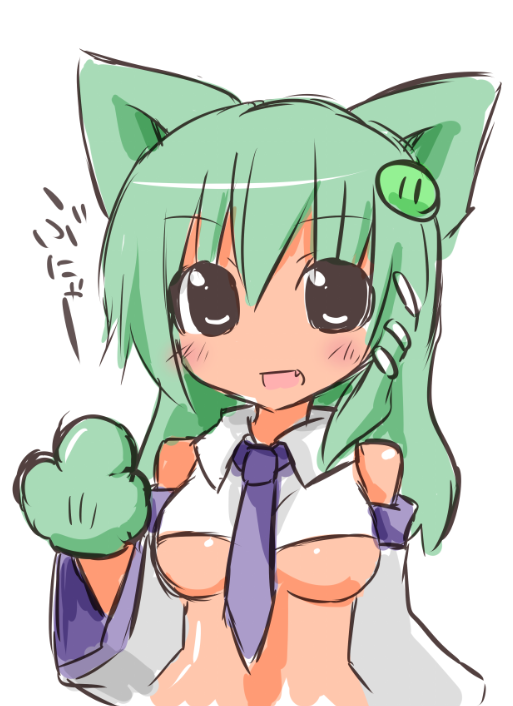 :d animal_ears bad_id bad_pixiv_id bangs bare_shoulders black_eyes blush breasts cat_ears cat_paws crop_top detached_sleeves fang frog_hair_ornament green_hair hair_between_eyes hair_ornament himegi kemonomimi_mode kochiya_sanae long_hair medium_breasts midriff necktie no_bra open_mouth paws shirt simple_background sketch smile snake_hair_ornament solo touhou underboob upper_body waving white_background wide_hips wide_sleeves