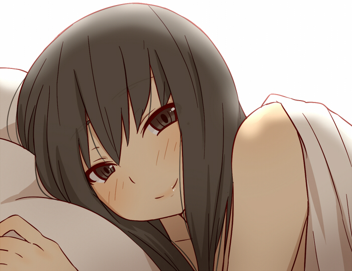bare_shoulders black_eyes black_hair blush collarbone commentary incest kiiroi_tamago looking_at_viewer lying on_side original pillow smile solo under_covers