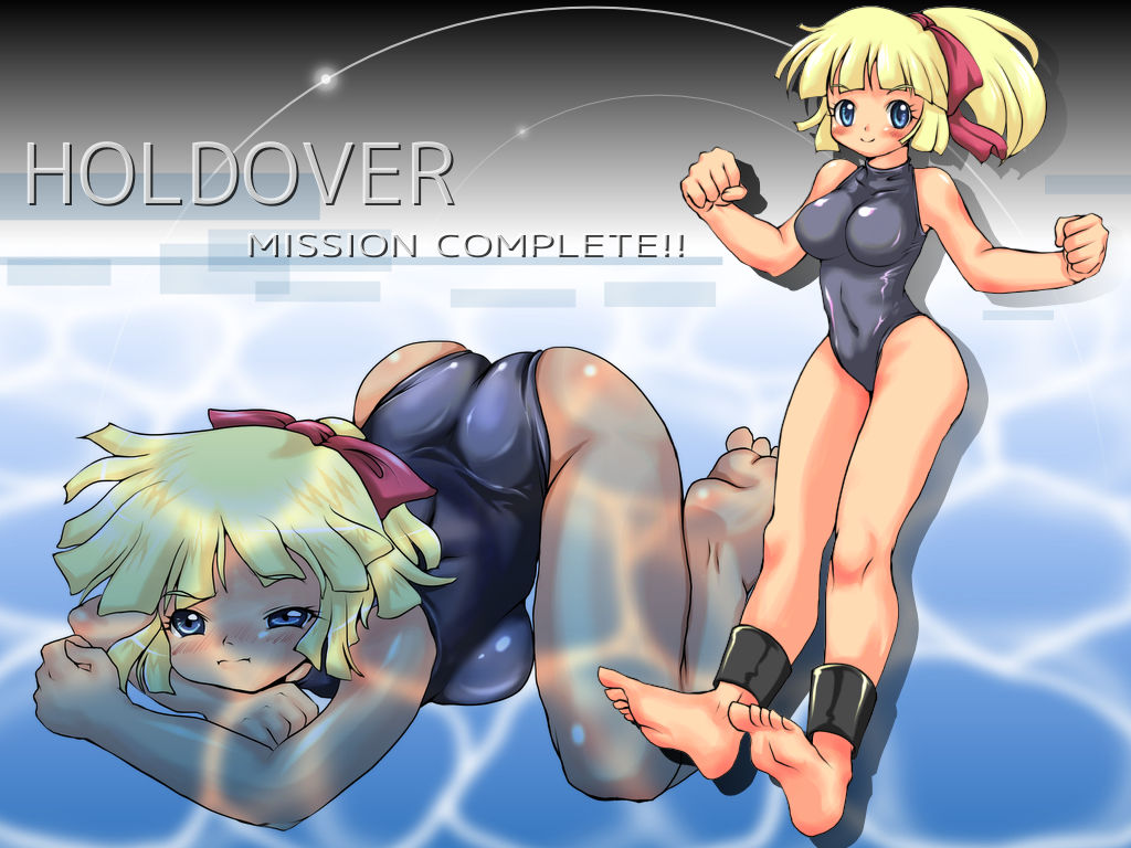 barefoot blonde_hair blue_eyes feet hair_ribbon holdover marie marie_(holdover) one-piece_swimsuit ponytail ribbon soles swimsuit toes underwater