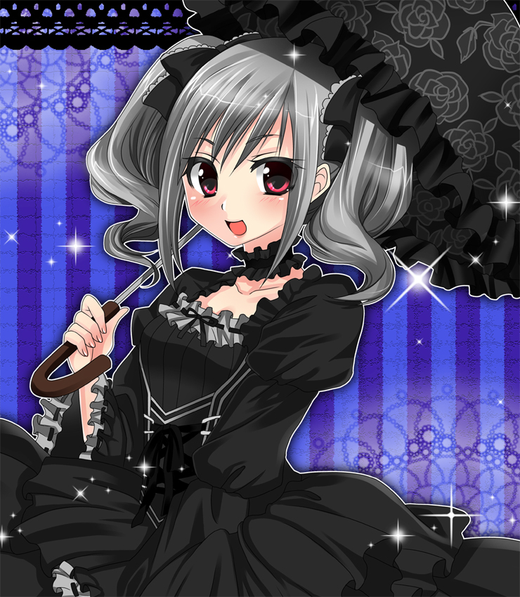 asahana_jun black_dress black_umbrella blush dress idolmaster idolmaster_cinderella_girls kanzaki_ranko long_sleeves open_mouth puffy_sleeves red_eyes short_hair silver_hair solo twintails umbrella wide_sleeves