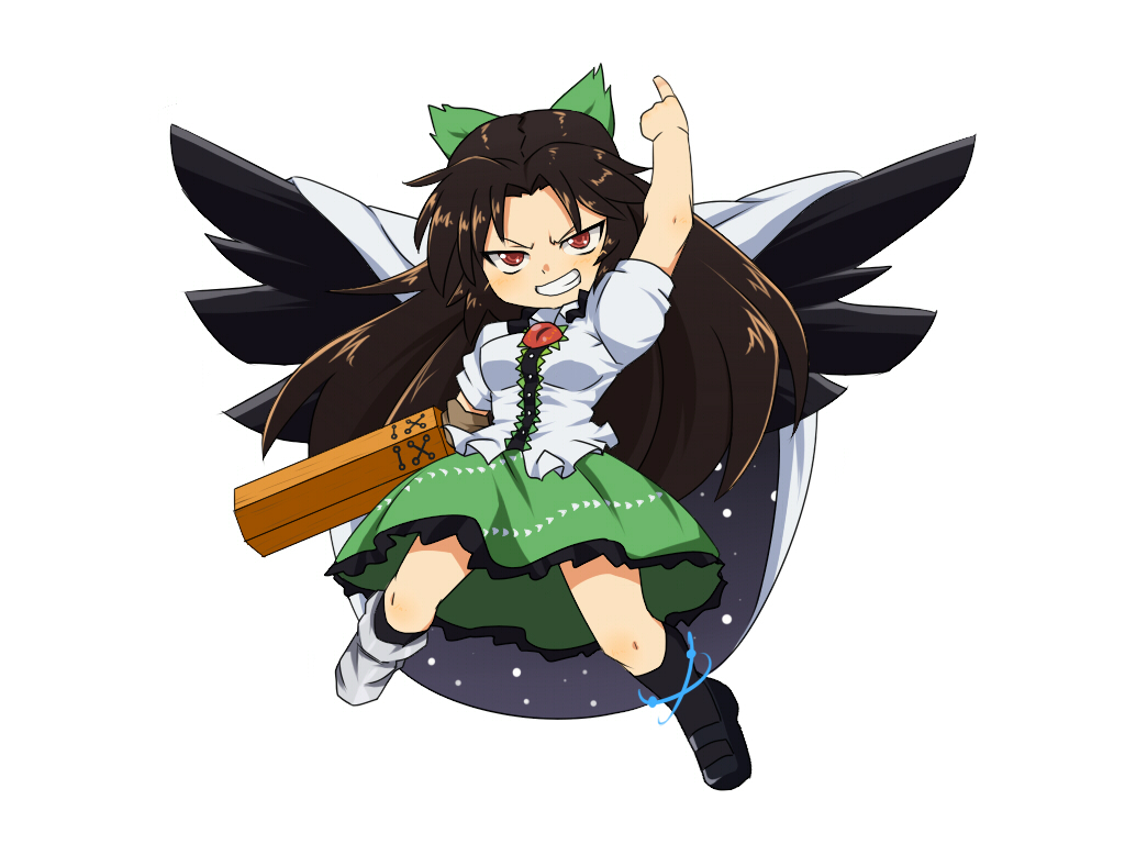 arm_cannon bad_id bad_pixiv_id black_wings bow brown_hair cape clenched_teeth gazacy_(dai) grin hair_bow long_hair puffy_sleeves red_eyes reiuji_utsuho short_sleeves smile solo teeth third_eye touhou weapon wings