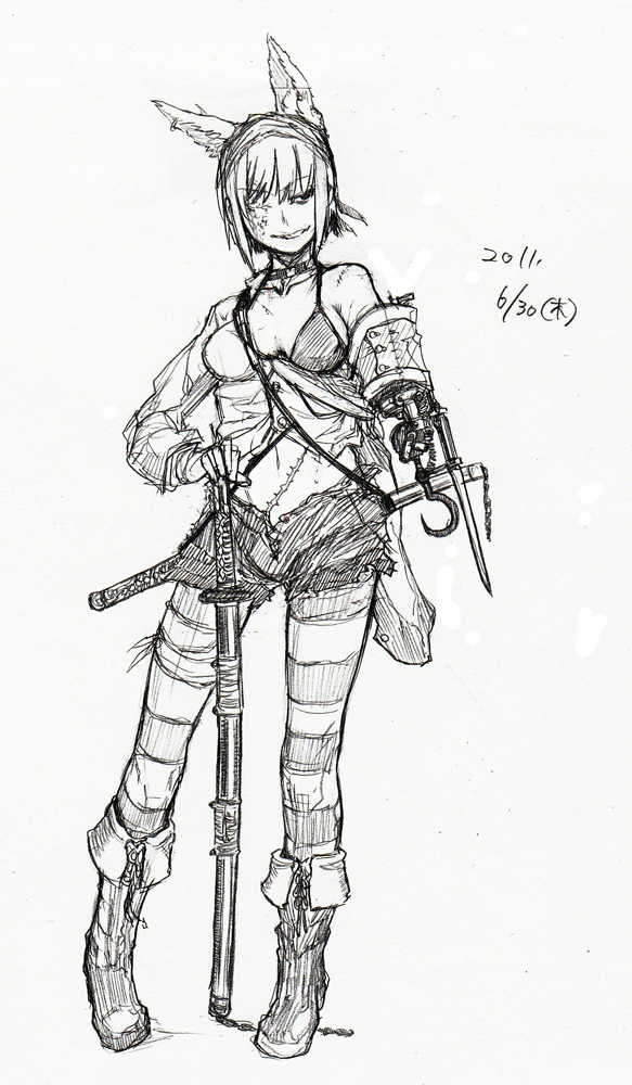 2011 amputee animal_ears bayonet bikini_top boots chain dated extra_ears grin hand_on_hilt heizen_(sigama) hook open_clothes open_shirt original pantyhose prosthesis scar shirt short_hair shorts sigama sketch smile sword weapon wolf_ears