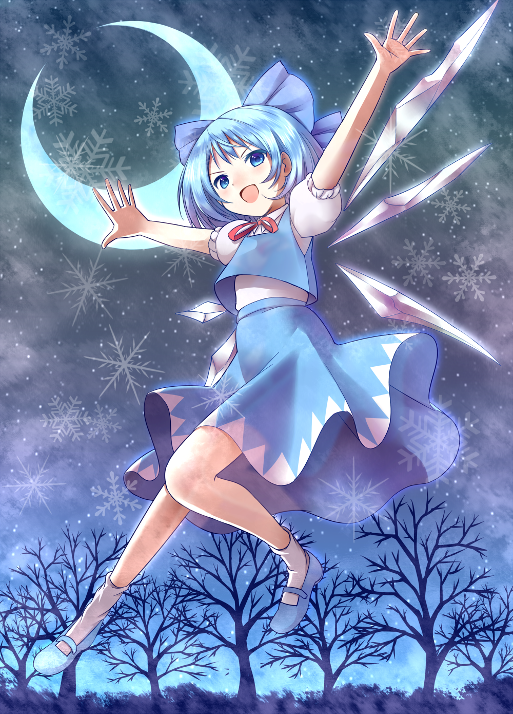 :d blue_eyes blue_hair cirno crescent_moon highres ice ice_wings kamekichi_(kamekiti) moon open_mouth outstretched_arms short_hair skirt smile snowflakes solo touhou tree wings