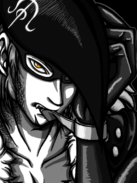 1boy animal_eyes biting domino_mask fur_trim gloves hat hat_over_one_eye leather looking_at_viewer male male_focus mask monster_boy mouth_hold one_piece open_clothes open_shirt pirate sabaody_archipelago scales scar sharp_teeth shirt solo spot_color transformation x_drake yellow_eyes