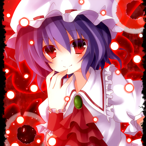ascot blue_hair blush face hat lowres mogu_(au1127) puffy_sleeves red_eyes remilia_scarlet short_hair short_sleeves smile solo touhou wrist_cuffs