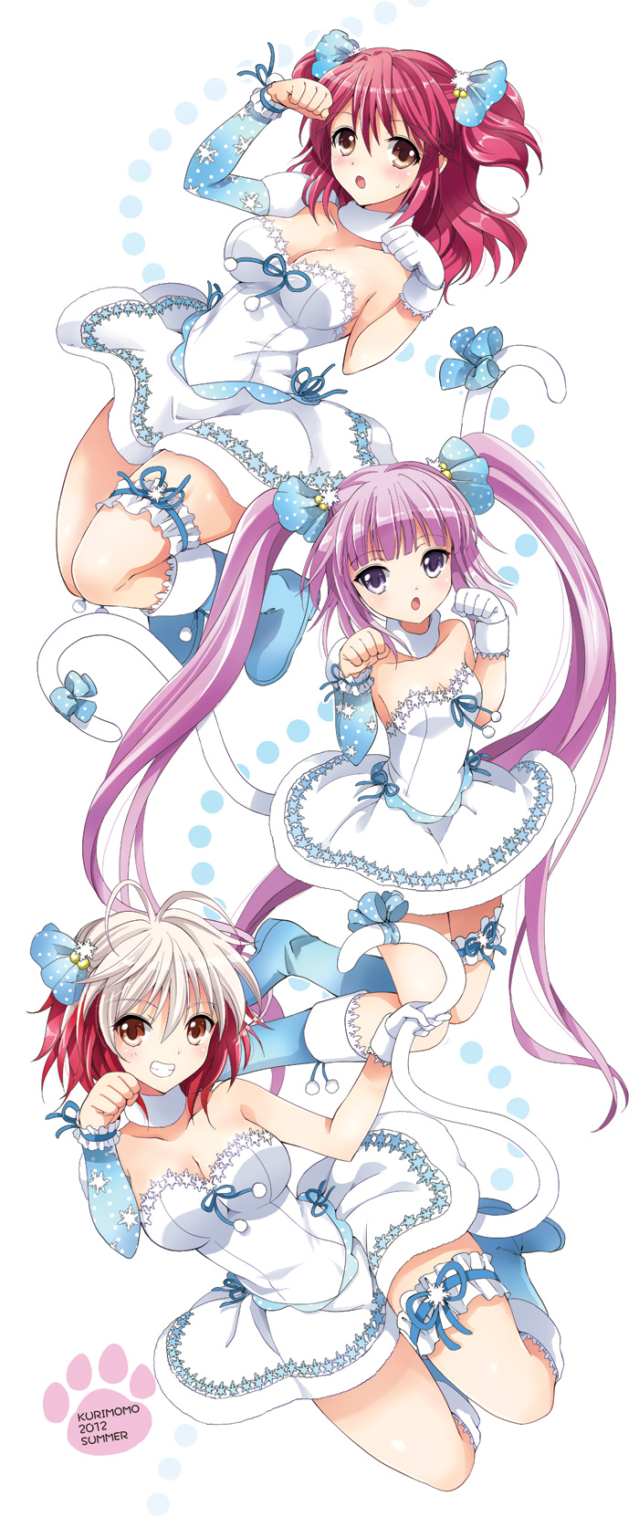 :o bow breasts brown_eyes cat_tail cheria_barnes cleavage grin highres kurimomo large_breasts leg_garter long_hair matching_outfit multicolored_hair multiple_girls open_mouth pascal paw_pose polka_dot purple_eyes purple_hair red_hair ribbon skirt smile snowflakes sophie_(tales) tail tales_of_(series) tales_of_graces twintails two-tone_hair two_side_up very_long_hair white_hair