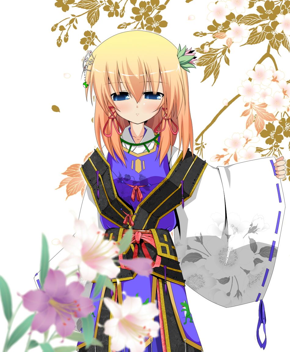 alternate_costume blonde_hair blue_eyes blush cherry_blossoms floral_print flower hair_ribbon moriya_suwako ribbon solo tassel touhou tsunsuki_(naobe009) wide_sleeves