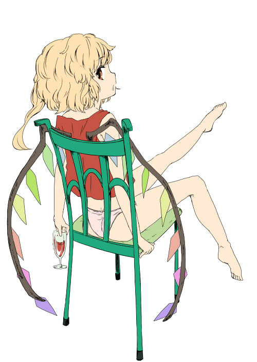 alcohol bad_id bad_pixiv_id barefoot blonde_hair chair cup drinking_glass feet flandre_scarlet from_behind full_body glass itsuki_kuro looking_back no_hat no_headwear no_pants orange_eyes panties pink_panties simple_background sitting sleeveless solo touhou underwear wine wine_glass wings
