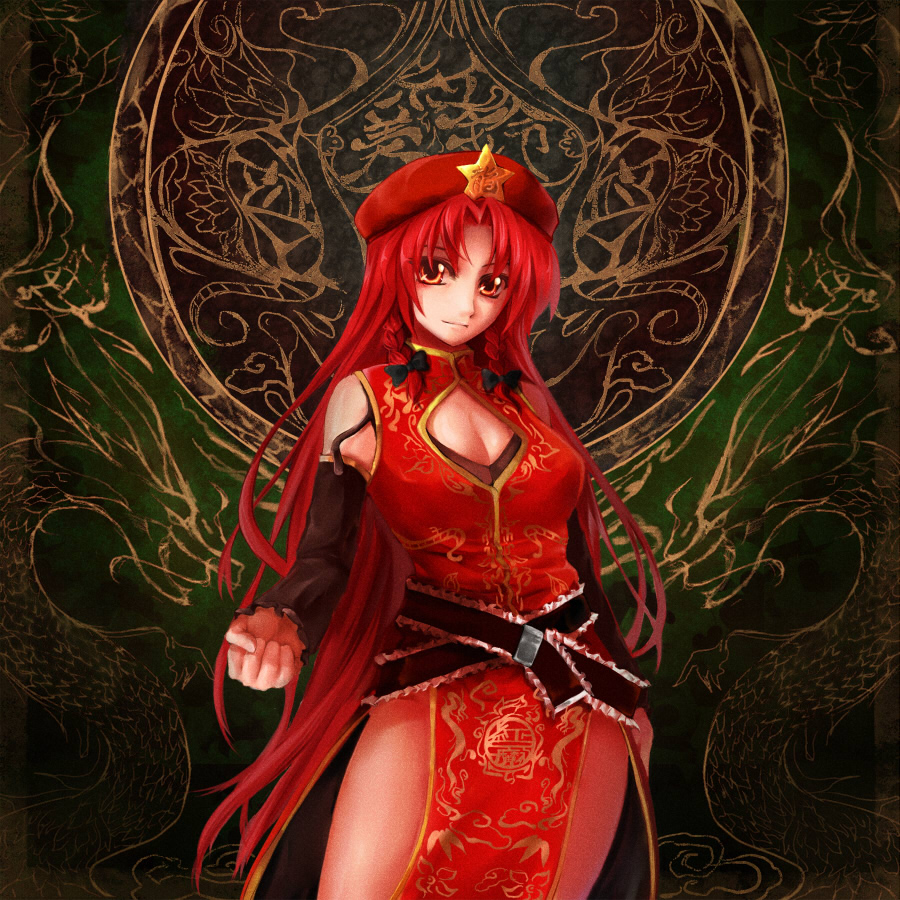 alternate_color belt braid breasts china_dress chinese_clothes cleavage cleavage_cutout clenched_hand dress hat hong_meiling large_breasts long_hair red_eyes red_hair ryuushou solo touhou twin_braids