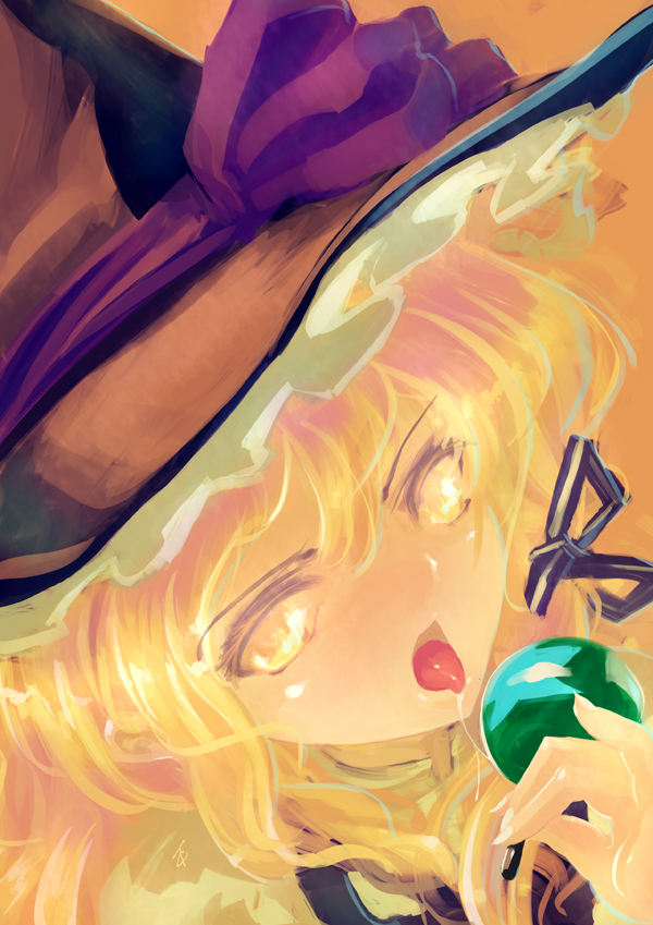 blonde_hair bow candy food hair_bow hat kirisame_marisa lollipop pinky_out saliva saliva_trail solo tongue touhou tragic_comedy witch_hat yellow_eyes