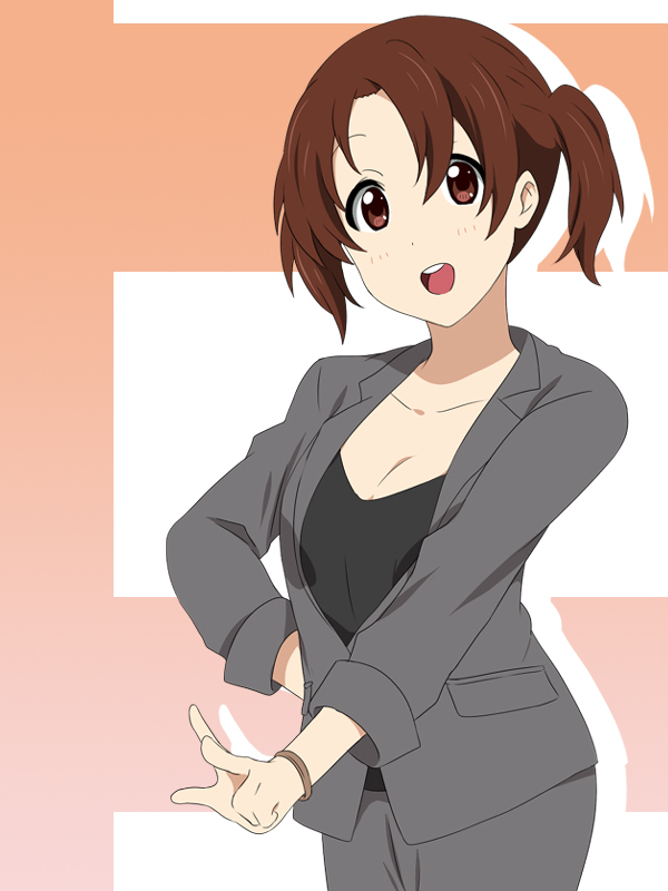 :d breasts brown_eyes brown_hair business_suit cleavage extra face formal hand_on_hip ikari_manatsu k-on! medium_breasts nojima_chika older open_mouth round_teeth short_twintails smile solo suit teeth twintails v wristband