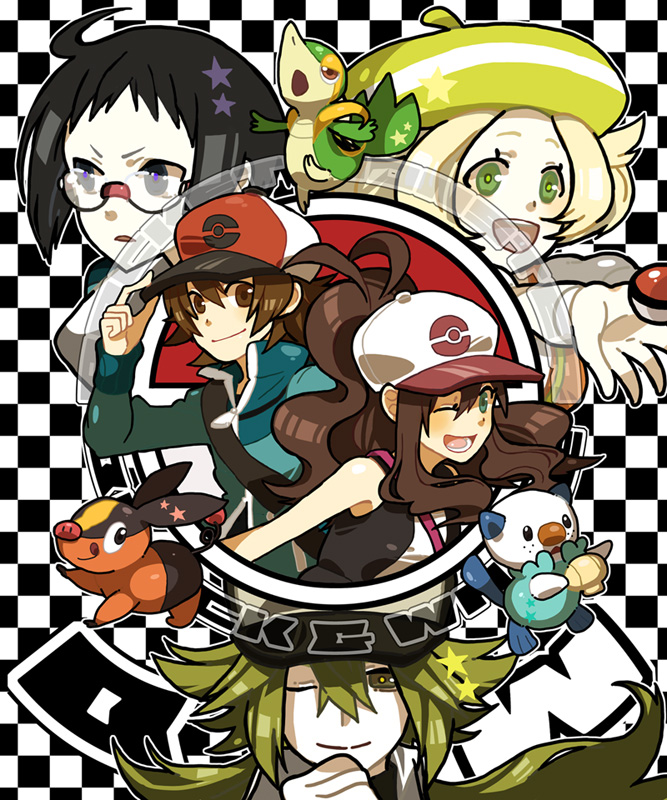 3boys bad_id bad_pixiv_id baseball_cap bel_(pokemon) blonde_hair blue_eyes brown_eyes brown_hair cheren_(pokemon) gen_5_pokemon glasses green_eyes green_hair hat houhou_(black_lack) multiple_boys multiple_girls n_(pokemon) one_eye_closed oshawott poke_ball pokemon pokemon_(creature) pokemon_(game) pokemon_bw ponytail snivy tepig touko_(pokemon) touya_(pokemon)