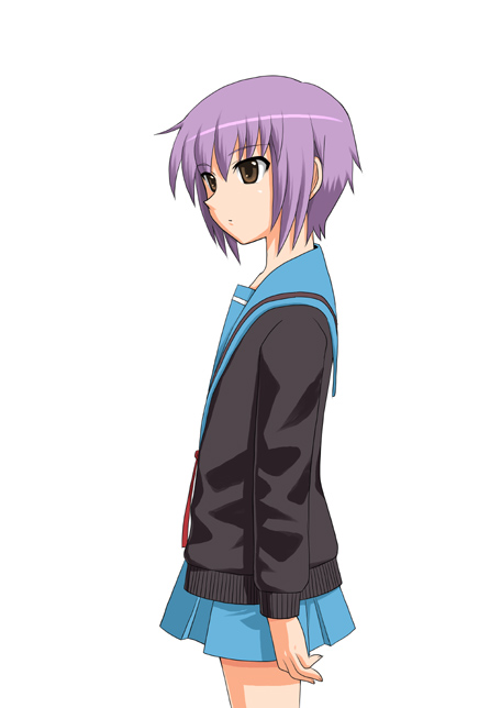 arm_at_side bangs blue_sailor_collar blue_skirt cardigan cowboy_shot eyebrows_visible_through_hair from_side katwu_(gensou_ninja_yashiki) kita_high_school_uniform long_sleeves looking_away miniskirt nagato_yuki neck_ribbon purple_hair red_ribbon ribbon sailor_collar school_uniform serafuku short_hair simple_background skirt solo suzumiya_haruhi_no_yuuutsu white_background yellow_eyes