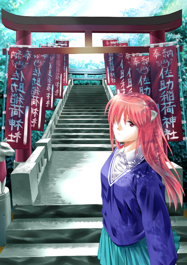 banner elfen_lied forest hair_over_one_eye horns inari long_hair lucy_(elfen_lied) nature nobori pink_hair red_eyes sad skirt solo stairs statue sweater torii zouzou