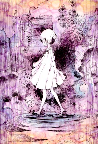 abstract abstract_background bare_legs barefoot copyright_request dress from_side nanami_rio profile short_hair sleeveless sleeveless_dress solo walking water white