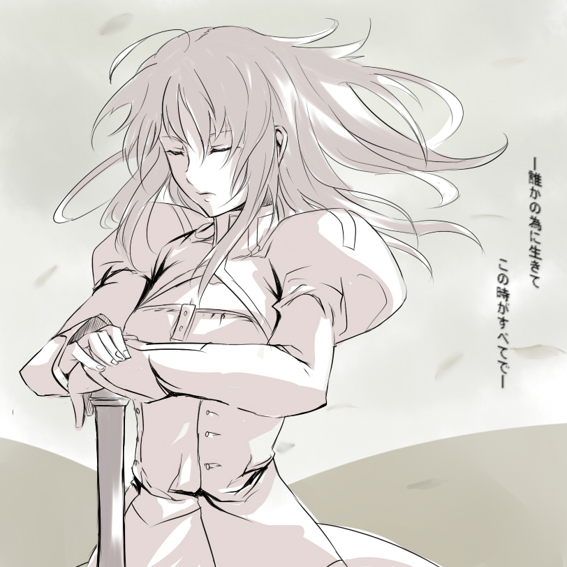 alternate_hairstyle artoria_pendragon_(all) beige closed_eyes dress fate/stay_night fate_(series) hair_down hands_on_hilt long_hair monochrome nana_g saber solo translated