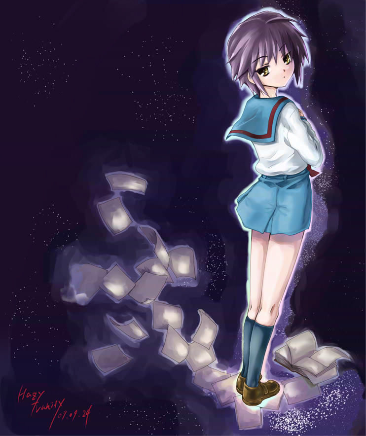 back bangs blue_sailor_collar blue_skirt book dated eyebrows_visible_through_hair flying_paper from_behind hazy_vanity kita_high_school_uniform kneehighs legs_together long_sleeves looking_at_viewer looking_back miniskirt nagato_yuki open_book paper purple_background purple_hair red_ribbon ribbon sailor_collar school_uniform serafuku short_hair skirt solo standing suzumiya_haruhi_no_yuuutsu text_focus yellow_eyes