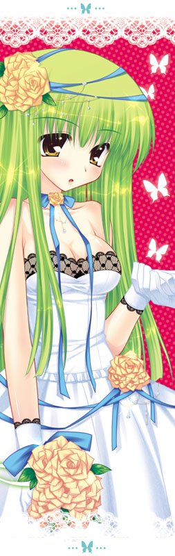 :o araiguma bad_id bad_pixiv_id bangs blue_ribbon bouquet breasts bug butterfly c.c. cleavage code_geass dress flower gloves green_hair hair_flower hair_ornament insect lace long_hair medium_breasts ribbon rose solo_focus white_gloves yellow_flower yellow_rose