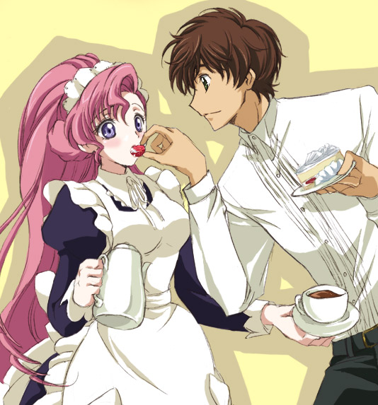 1girl alternate_costume brown_hair butler cake code_geass enmaided euphemia_li_britannia feeding food fruit green_eyes kurimomo kururugi_suzaku long_hair maid pastry pink_hair ponytail purple_eyes strawberry tea