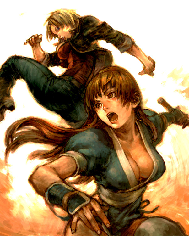 battle blonde_hair breasts brown_hair cleavage dead_or_alive denim downblouse fcp jacket kasumi_(doa) kicking large_breasts multiple_girls open_mouth tina_armstrong weapon
