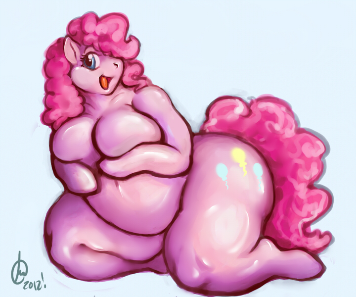 anthrofied big_breasts blue_eyes breasts chubby curly_hair cutie_mark equine female friendship_is_magic fur gravewalker hair heavy horse humor looking_at_viewer mammal my_little_pony nude obese overweight pink pink_fur pink_hair pinkie pinkie_pie_(mlp) pony solo