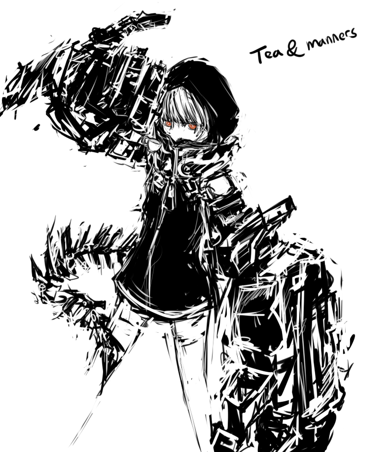 black_rock_shooter greyscale hood hoodie mechanical_arm merpperoni monochrome red_eyes solo spot_color strength_(black_rock_shooter) tail thighhighs