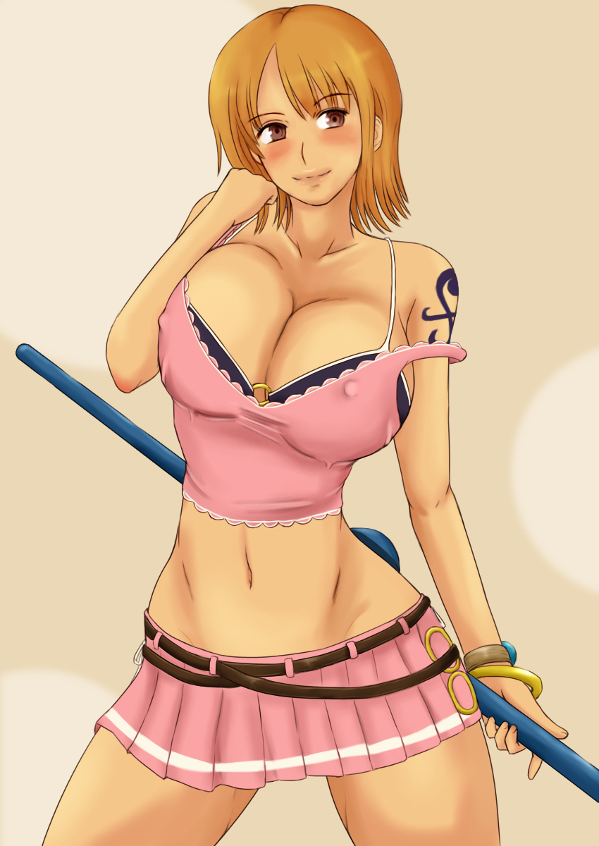 1girl blush bracelet breasts brown_eyes cleavage highres jewelry large_breasts looking_aside momo_765 nami nami_(one_piece) navel one_piece one_piece:_pirate_warriors orange_hair pink_shirt pink_skirt pirate shirt short_hair skirt solo strap_slip