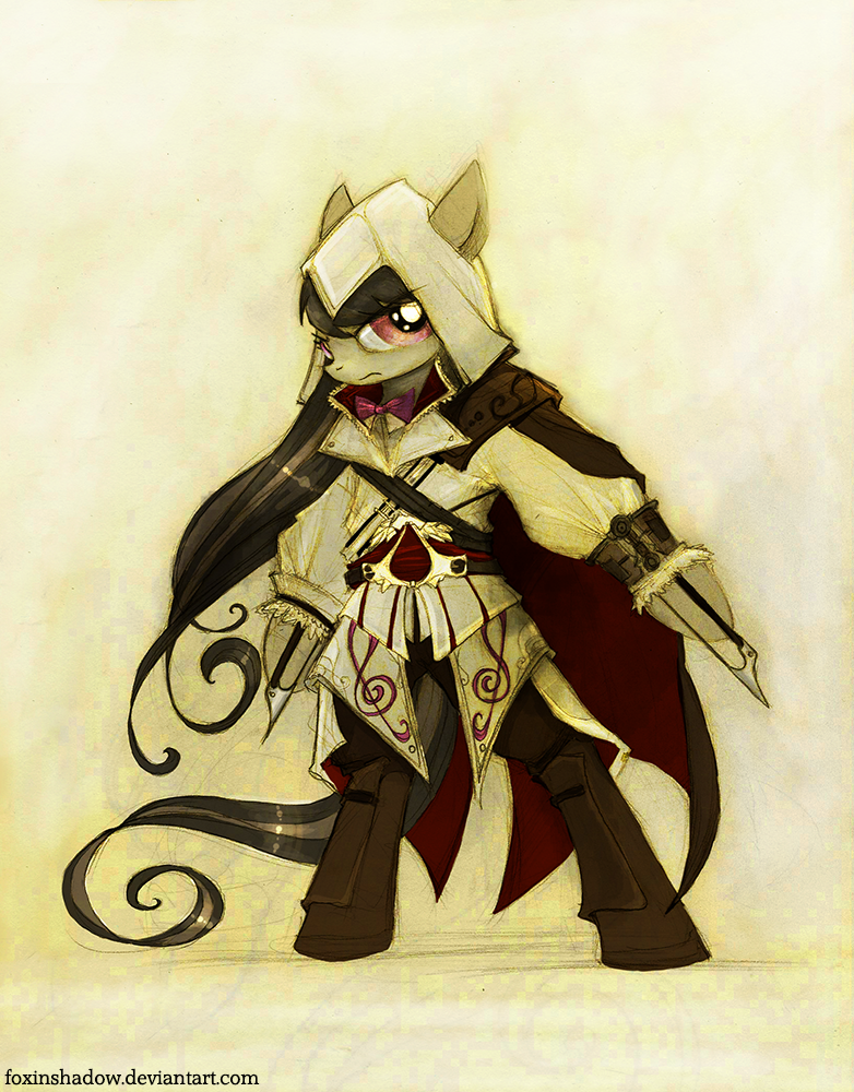 anthro anthrofied assassin's_creed assassin's_creed bow_tie crossover equine ezio_auditore female foxinshadow friendship_is_magic horse looking_at_viewer mammal my_little_pony octavia_(mlp) plain_background pony solo video_games weapon zero-sum
