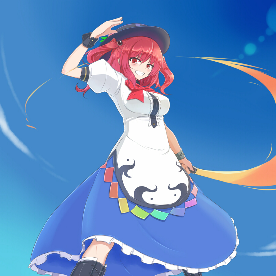 boots breasts cosplay dress food from_below fruit grin hair_bobbles hair_ornament hat hinanawi_tenshi hinanawi_tenshi_(cosplay) large_breasts onozuka_komachi peach red_eyes red_hair smile solo sword_of_hisou totosu touhou wrist_cuffs