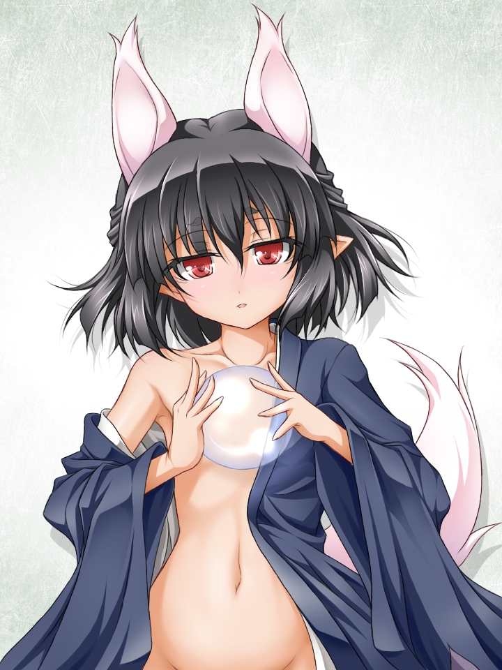 animal_ears black_hair bubble collarbone groin hasaha looking_at_viewer navel no_bra off_shoulder open_clothes pointy_ears red_eyes roura short_hair solo summon_night summon_night_2 tail