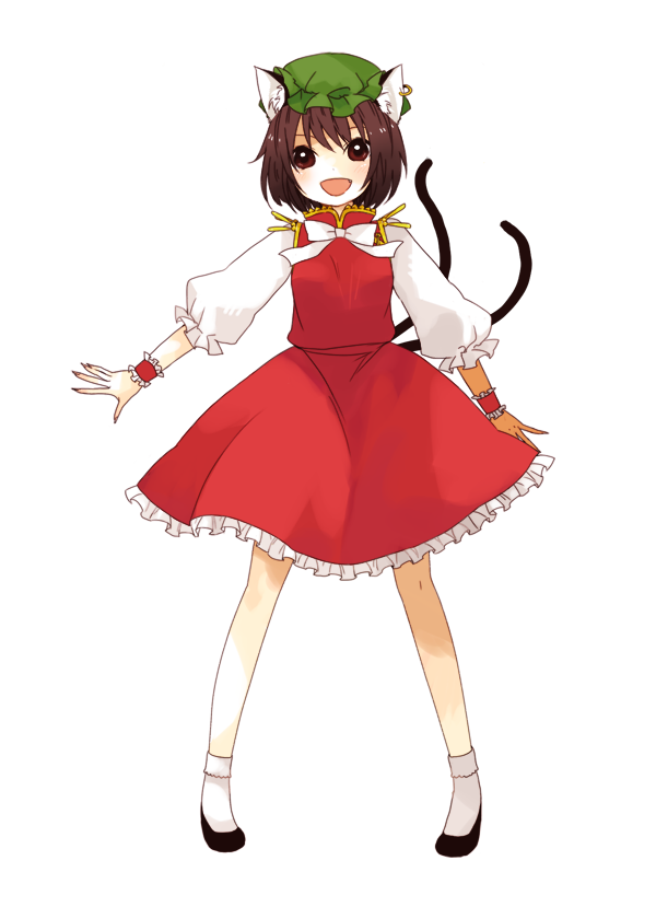 animal_ears bad_id bad_pixiv_id bow brown_eyes brown_hair cat_ears cat_tail chen earrings fang fingernails hat jewelry kanitama_(putyourhead) long_sleeves multiple_tails open_mouth puffy_sleeves sharp_fingernails short_hair solo standing tail touhou transparent_background wrist_cuffs