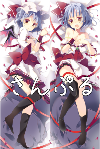 ascot bat_wings black_legwear blue_hair blush bow dakimakura flower hair_ribbon hat hat_ribbon kisaragi_kiriha multiple_views off_shoulder open_mouth puffy_sleeves remilia_scarlet ribbon rose sample short_hair short_sleeves thighhighs touhou wings yellow_eyes