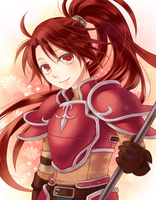 armor belt blush fire_emblem fire_emblem:_akatsuki_no_megami fire_emblem:_souen_no_kiseki gloves jill_(fire_emblem) kiyuu long_hair polearm ponytail red_armor red_eyes red_hair smile solo spear weapon