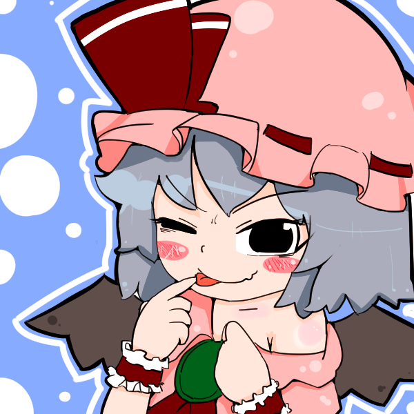 ;q alternate_hair_color ascot bad_id bad_pixiv_id bat_wings black_eyes blush_stickers finger_to_mouth hat hat_ribbon kinugoshi-doufu_(okaratt) one_eye_closed remilia_scarlet ribbon seductive_smile short_hair silver_hair smile solo tongue tongue_out touhou undressing wings wrist_cuffs