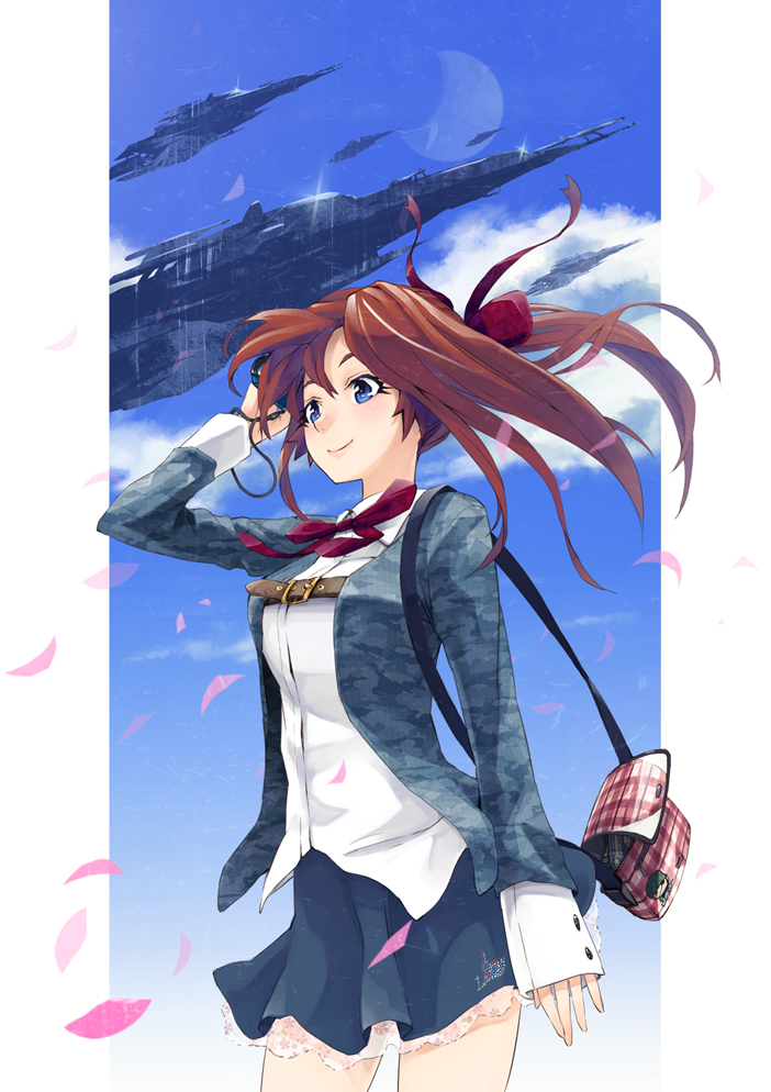 arm_up bag blue_eyes breasts brown_hair copyright_request hair_ornament maeda_risou medium_breasts petals school_uniform shirt skirt smile solo white_shirt wind