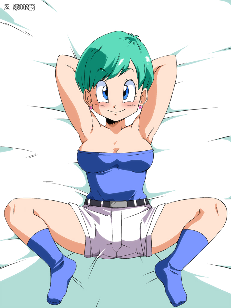 belt blue_eyes blush breasts bulma cleavage dragon_ball dragonball_z green_hair looking_at_viewer old_school_academy smile socks solo spread_legs