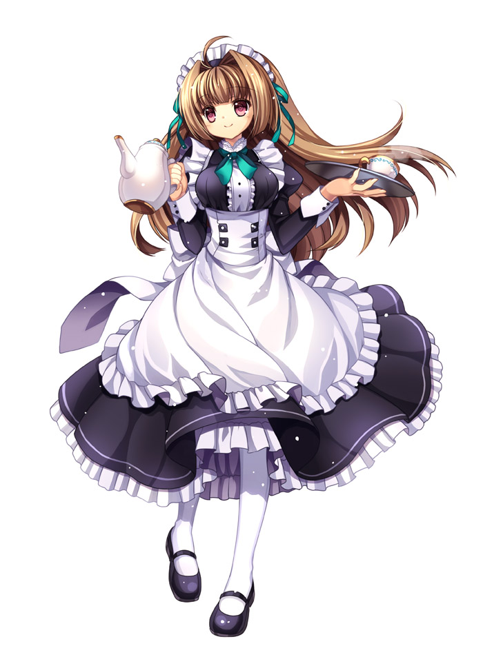 blush brown_hair capura_lin cup full_body hair_intakes hair_ribbon holding long_hair looking_at_viewer maid maid_headdress mary_janes original pantyhose pink_eyes ribbon shoes simple_background smile solo steam teapot tray white_background white_legwear