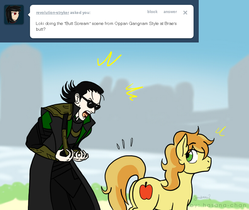 apple braeburn_(mlp) butt cutie_mark duo english_text equine eyewear feral friendship_is_magic fruit gangma_style gangnam_style green_eyes hair hasana-chan horse loki loki_(marvel) looking_back male mammal my_little_pony parody pony signature sunglasses text tumblr two_tone_hair