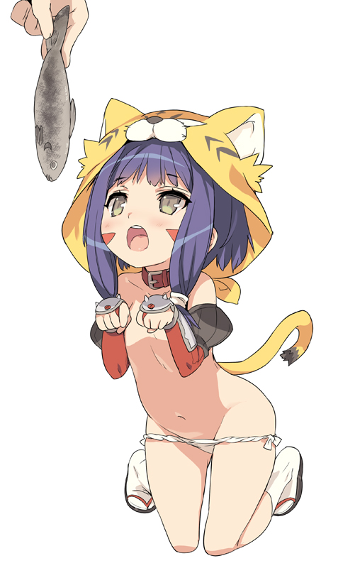 animal_ears animal_hat bad_id bad_pixiv_id begging blade_(galaxist) blue_hair collar facial_mark fish flat_chest full_body fundoshi gauntlets hat japanese_clothes lowleg maeda_inuchiyo navel oda_nobuna_no_yabou open_mouth paw_pose revision sandals simple_background solo tabi tail tiger_ears tiger_hood tiger_tail tongue topless white_background white_legwear